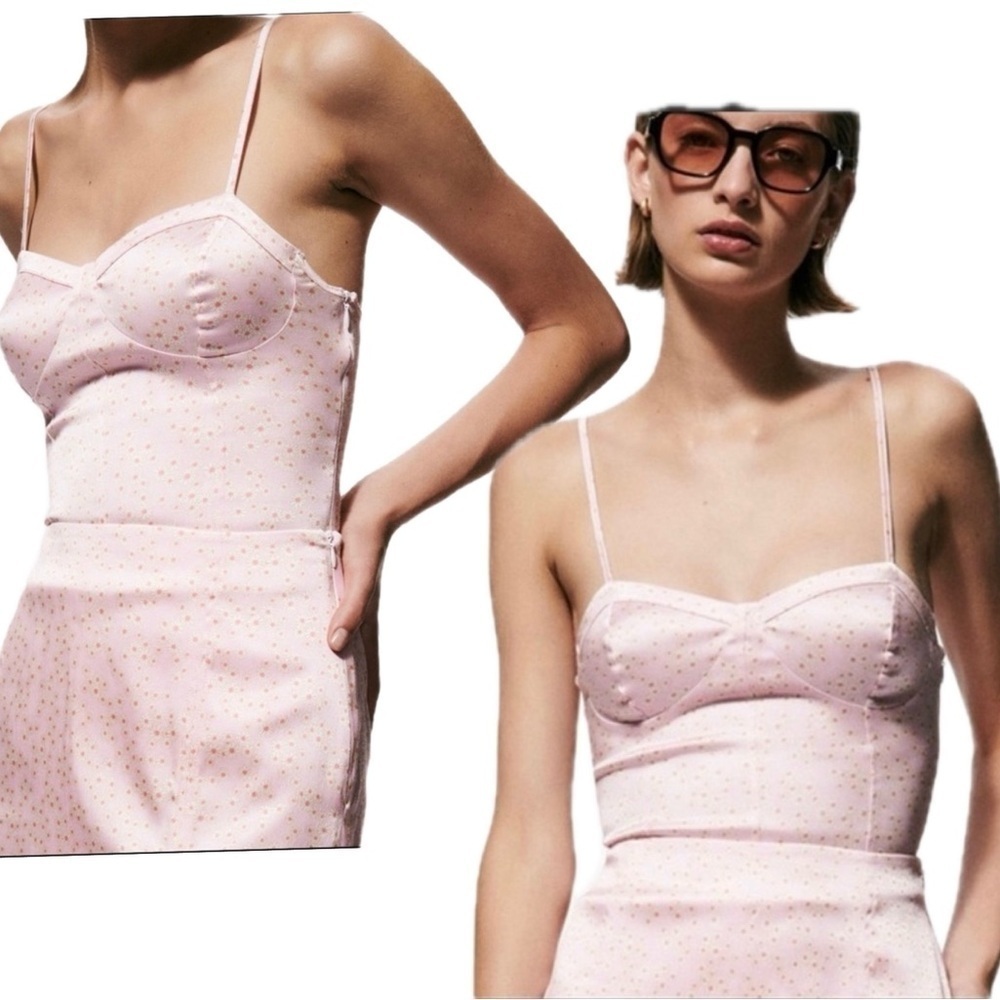 Zara pink satin effect daisy flower floral spaghetti strap bodysuit Sz M NWT